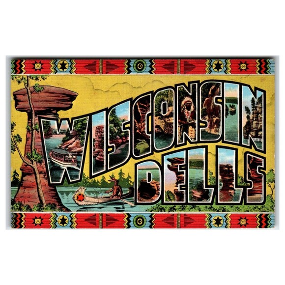 Other - Wisconsin Dells Large Letter Linen Postcard E.C. Kropp Native American Canoe